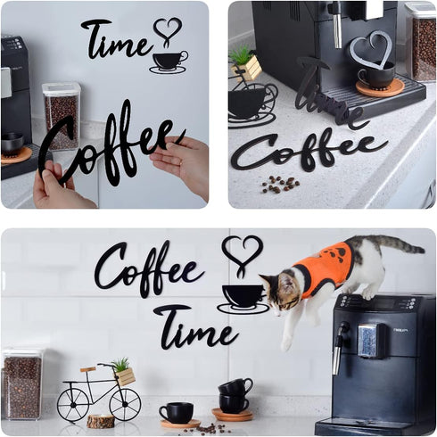 4eN Coffee Time Modern Wall Art & Sign Set - Wooden MDF, 4 Pieces for Kitchen & Cafe...