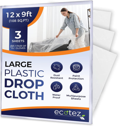 3 Pack 12 x 9 ft Extra Large Painter’s Plastic Drop Cloth Painting Sheet-Light & Durable Dust Cover-Clear Plastic Sheet-Plastic Sheeting-Plastic C...