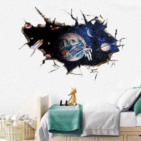 3D Planet Galaxy Astronaut Wall Stickers, DILIBRA Removable Universe Outer Space Spacecraft View Window Wall Decals for Kids Children Bedroom Livi...