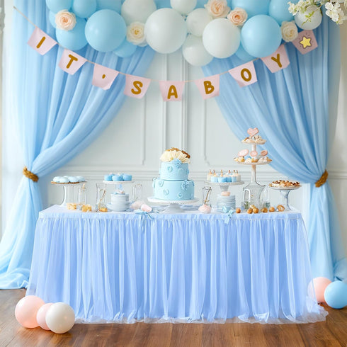 Baby Blue Table Skirt for Baby Shower Boy 6ft Light Blue Tulle Tutu Table Cloth for Elephant Birthday Party Ocean Baby Shark Gender Reveal Wedding...
