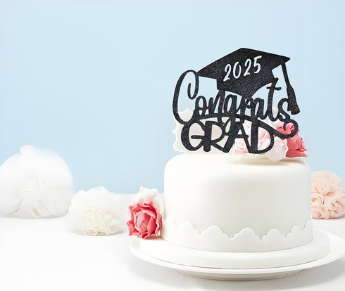 Black Glitter Congrats Grad 2025 Cake Topper with Graduation Cap- Congrats Grad Cake Topper- 2025 Graduation Party Decorations...