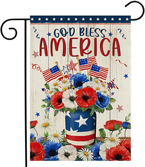God Bless America Garden flag 12.5 x 18 Inch 4th of July Patriotic Floral Memorial USA Flag Double Sided Burlap Flag for Summer Anniversary Decor...