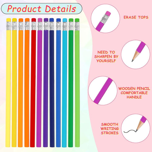 Whaline 48Pcs Colorful Pencils with Erasers Rainbow Color Wooden Pencils Unsharpened Writing Drawing Pencils for School Company Office Stationery ...