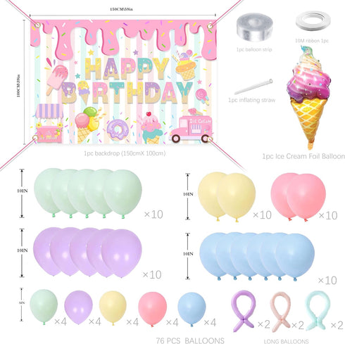 Ice Cream Themed Birthday Party Decorations for Girls,Balloon Garland Arch Kit with Happy Birthday Backdrop - Complete Party Supplies for Kids’ Sw...