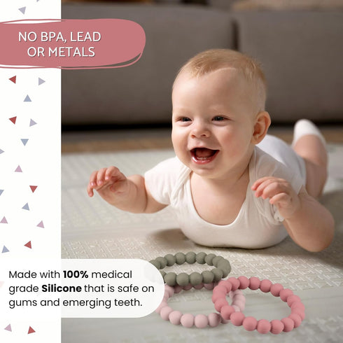 Baby Teether Rings, 100% Silicone Teether Bracelets for 3m+ Babies to Self-Soothe, BPA Free & Phthalate Free - Includes 4 Neutral Baby Rings...