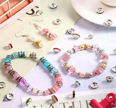 100Pcs Rondelle Spacer Beads 8mm Silver Plated Round Crystal Charms Czech Rhinestone Spacer Loose Beads for Jewelry Making Supplies Bracelet Neckl...