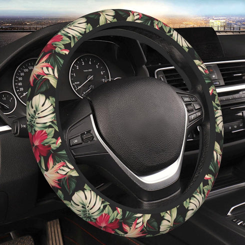 Red Hawaiian Flowers Car Steering Wheel Cover, Universal 15 Inch Soft Elastic and Comfortable Floral Steering Wheel Protector Warm in Winter and C...