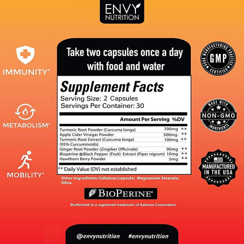 Turmeric & Ginger Supplement Capsules with Apple Cider Vinegar - Enhanced Immunity & Metabolism Support - 95% Curcuminoids, Bioperine (Black Peppe...
