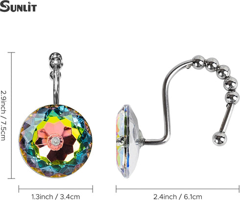 Sunlit Luxury Design Glitter Round Colorful Diamond Crystal Gem Bling with Glide Balls Shower Curtain Hooks, Rust Proof Metal Rhinestones Glam Sho...