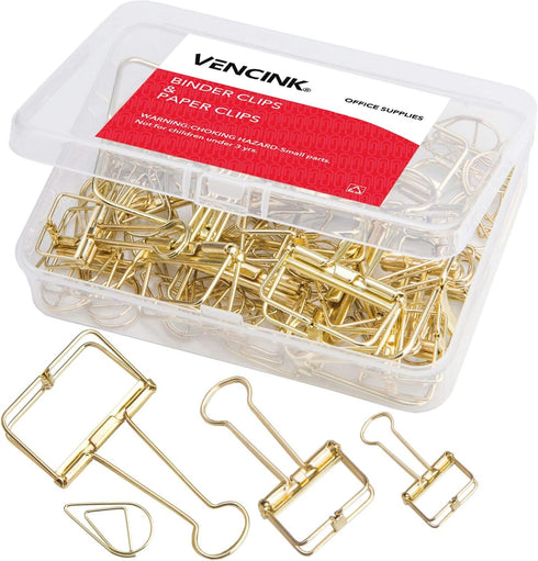 18 Pcs Gold Wire Binder Clips and 20 Pcs Cute Paper Clips Set Assorted Sizes, 2 Big 6 Medium 10 Small Smooth Steel Hollow Office Clamp Clips...