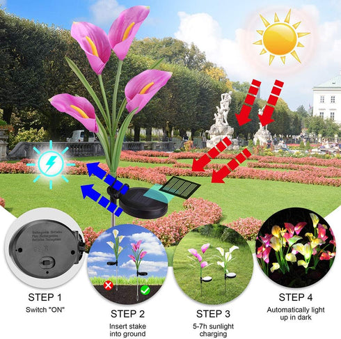 Aloudy Solar Garden Stake Lights, Upgraded 3 Pack Outdoor Waterproof Solar Powered Lights with 12 Calla Lily Flowers, 7 Colors Changing LED Solar ...