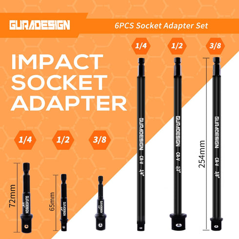 6-Piece Impact Socket Adapter Set for Drill, 10" and 3“, Impact Grade Power Drill Sockets Adapter Set, 1/4", 3/8", 1/2" Hex Shank Impact Driver So...