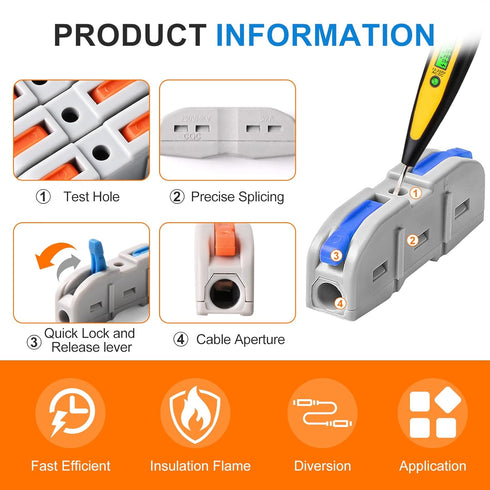 Lever Wire Connectors,KLMNDUO 60pcs 1 to 1 Inline Electrical Wire Connector kit for Quick Connect?1 Conductor Compact Wire Connectors Splicing Con...