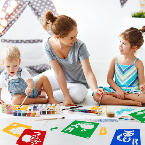 26 Pieces Sturdy Stencils for Kids, 8 Inches Large Sidewalk Chalk Stencils for Kids, Animal Shape Stencils with Alphabet Letters Themed Template, ...