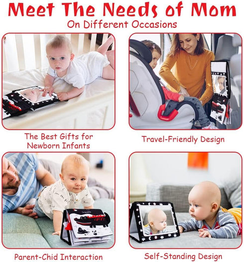 Tummy Time Mirror, Baby Tummy Time Toys with Soft Book, Black and White High Contrast Baby Toys, 3D Activity Sensory Montessori Toys Crawling Mat...