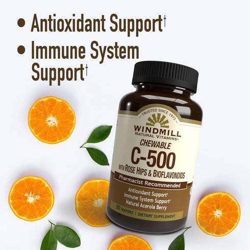 Windmill Natural Vitamins Vitamin C 500 mg, with Rose HIPS and Bioflavonoids, Immune Booster, Antioxidant Support, Chewable Tablets, Acerola Berry...