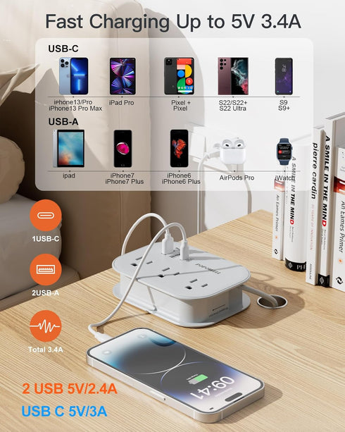 European Travel Plug Adapter USB C, Popowell International European Plug Adapter, 4 FT Travel Power Strip with 3 Outlets & 3 USB, Type C Power Ada...