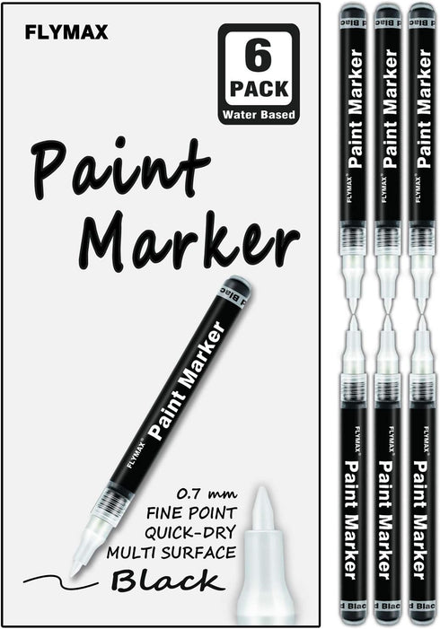 Black Paint Pen, 6 Pack 0.7mm Acrylic Black Permanent Marker for Glass Ceramic Rock Leather Plastic Stone Metal Canvas Enamel Waterproof Writing E...