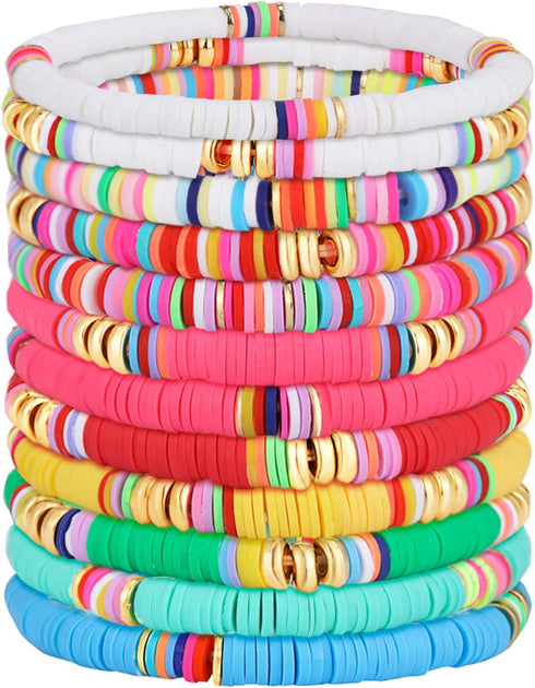 Junkin 12 Pieces Preppy Bracelets Surfer Heishi Bracelets Stackable Colorful Beaded Stretch Bracelets Elastic Bohemia Bracelets Gift for Women Gir...