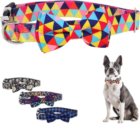 Dog Collars with Bow Tie Colorful Geometry Patterns, Small Puppy Dog Collars with Bow, Adjustable Dog Collar for XS Small Medium Large Dog (Colorf...