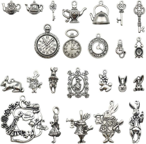 40 PCS Alice in Wonderland Fairy Charms Collection - Antique Alice Rabbit Steampunk Skeleton Keys Pendants Jewelry Findings (Silver HK6)...
