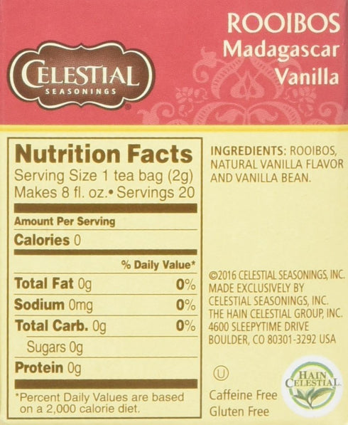 Celestial Seasonings Madagascar Vanilla Rooibos African Red Herbal Tea, 20 ct...