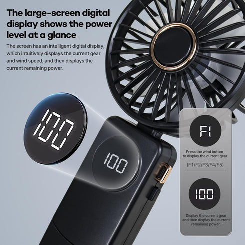 Portable Handheld Fan,Rechargeable Personal Fan,Foldable Neck Fan with Digital Display,Lanyard,Adjustable,5 Speeds,Rechargeable Battery Operated,Q...