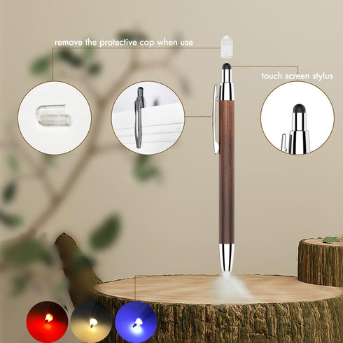 3 in 1 Wooden Ballpoint Pen with Light Tip and Rubber Stylus, Nice Pens for Journaling, Drawing, Signature, Gift, Writing in the Dark - White+Red ...
