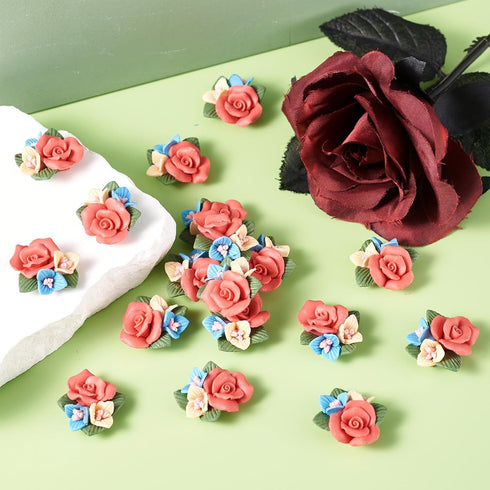 Beadthoven 50pcs Flatback Rose Flower Handmade Porcelain Cabochons Colorful Floral Bouquet Clay Beads Charms No Hole for Gluing DIY Jewelry Making...