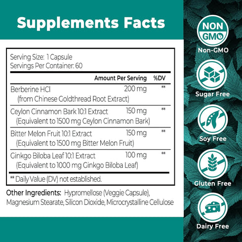 4-in-1 Berberine Supplement 1500mg,Glucose Support,Ceylon Cinnamon Bitter Melon Ginkgo, Boosts Immunity, Gut & Heart Health, 60 Capsules, High Pot...