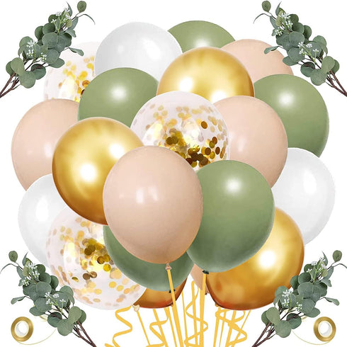 64 PCS Artificial Eucalyptus Leaves Stems Sage Green Blush Balloons, 12 Inch Sage Green Blush Nude Balloons with Artificial Eucalyptus for Baby Br...