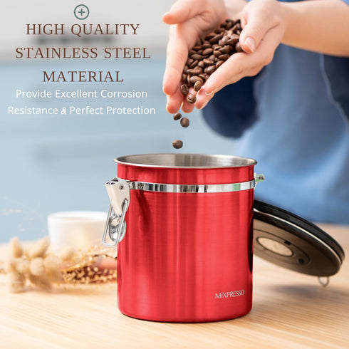 Mixpresso 16 Oz Red Coffee Canister, Stainless Steel Airtight Coffee Container, Air tight Jar Tea Storage with Date Tracker, Vacuum Sealed Espress...