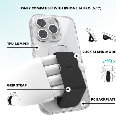 CLCKR Case Designed for iPhone 14 Pro with Phone Grip | Ultra-Thin Phone Case with Phone Stand | 6.1 Inch Clear Black | Shockproof Phone Holder wi...