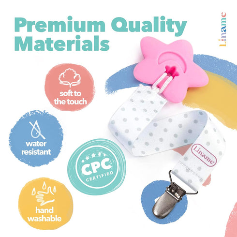 Liname Neutral Pacifier Clip with Teething Toy - 4 Pack Pacifier Clips for Boys & Girls - Binky Holder Soothie Paci Clip Binkie Clip - Unisex Paci...