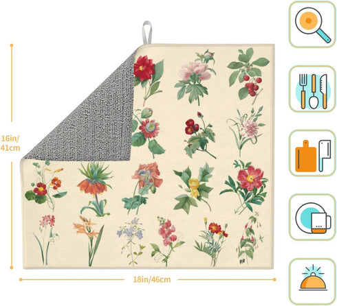 Dish Drying Mat for Kitchen Counter - Flower Herbs Microfiber Drying Pad, Reversible Drainer Mats for Countertop, 16 x 18 inch...