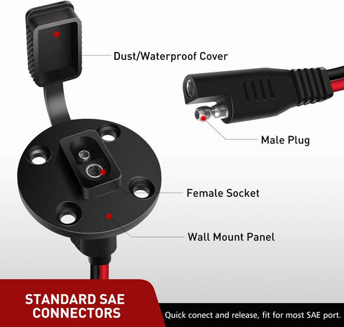 Nilight - 10040W 2 Pack 12AWG SAE Power Socket Sidewall Port Solar Panel Flush Mount Connector Plug 2Pin SAE Cable with 8 Screws for Solar Generat...