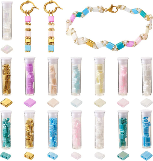 395Pcs 5mm Tila Beads Glass Seed Beads 15 Styles Golden Square Beads 2 Hole Tile Beads Rectangle Pastel Carrier Beads Kit for DIY Crafts Bracelets...