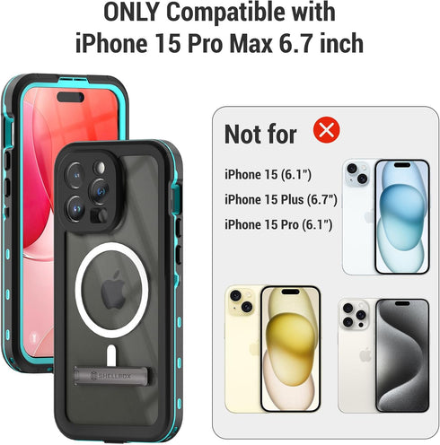 for iPhone 15 Pro Max Waterproof Case with Stand, IP68 Underwater Shockproof Dustproof Phone Case Built-in 6H Screen Protector, Full Body Protecti...