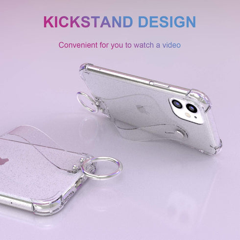 iPhone 11 Clear Glitter Case with Hand Strap, Soft Silicone Gel Rubber Sparkle Bling Cover Case with Adjustable Wrist Strap Stand Holder for Girls...