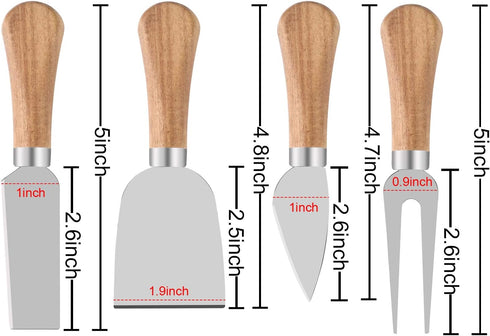 4 Piece Cheese Knives Set with Wooden Handle, Mini Steel Stainless Cheese knife set for Charcuterie and Cheese spread, Perfect for Cheese Slicer a...
