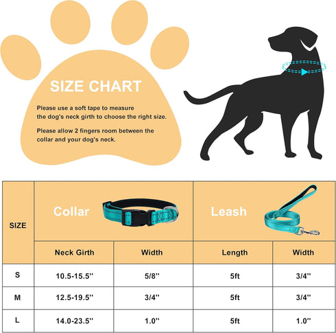 Durable Reflective Dog Collar and Leash set with Double Layer Nylon, Soft Neoprene Padded Dog Collar with 5ft Strong Pet Leash Easy for Medium Lar...