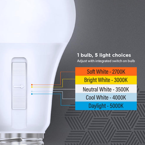 Feit Electric A19 LED Light Bulb, 60W Equivalent, Non-Dimmable, 5CCT, E26 Medium Base, 90 CRI, 800 Lumens, Standard Light Bulb with Switch on Bulb...
