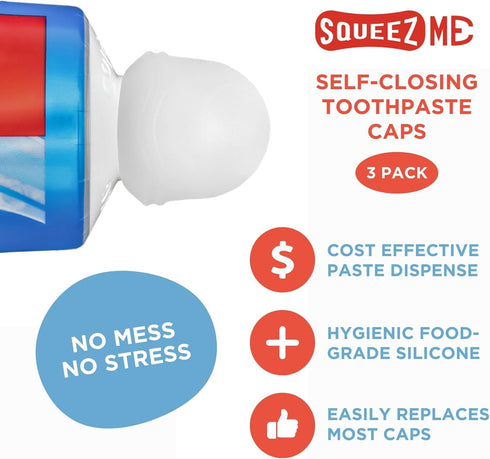 Chrome Cherry SqueezMe Self-Closing Toothpaste Caps, Silicone Lid for Kids & Adults, No Mess Toothpaste Dispenser, Self-Standing Easy Squeezer Cap...
