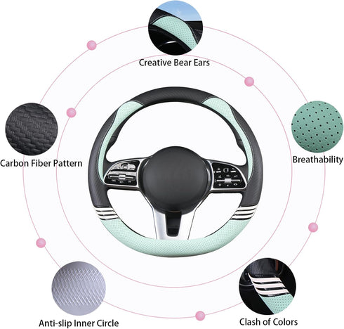 Cute Steering Wheel Cover D Shape for Girls Women Universal 15 inch,Black and Green...