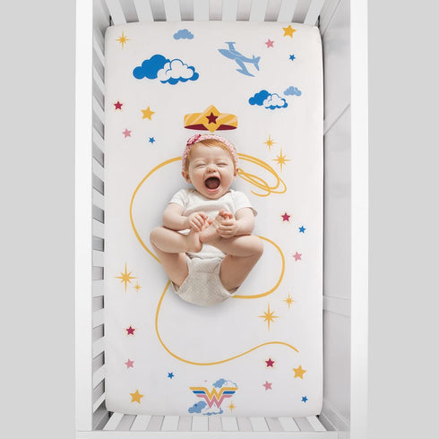 Warner Brothers Wonder Woman White and Gold Star-Tiara, Lasso of Truth, and The Invisible Jet Photo Op Nursery Fitted Crib Sheet...