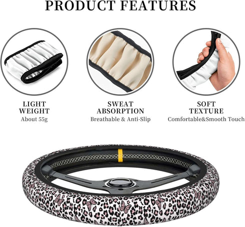 Black and White Leopard Print Auto Car Pink Butterfly Steering Wheel Cover Universal 15 Inch Neoprene Interior Decor Protection Accessories...