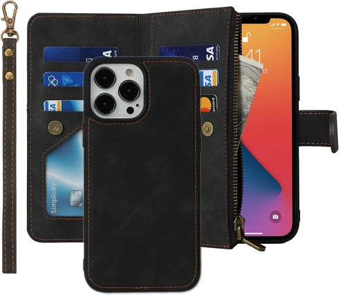 iCoverCase Compatible with iPhone 13 Pro Wallet Phone Case with Card Holder, PU Leather Zipper Pocket Magnetic Detachable Flip Case with Wrist Str...