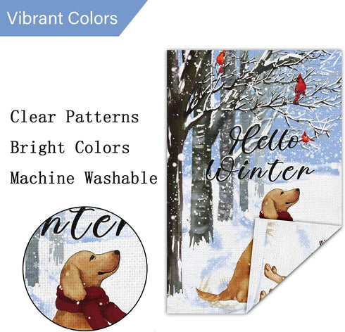 Louise Maelys Hello Winter Golden Dog Garden Flag 12x18 Double Sided, Burlap Farmhouse Small Cardinal Retriever Garden Yard Flags for Winter Seaso...