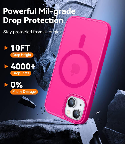 CANSHN for iPhone 14 Case/iPhone 13 Case, Compatible with MagSafe, Translucent Matte Back Slim Shockproof Phone Cover, Hot Pink...