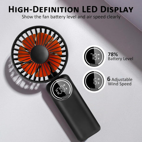 Portable Handheld Fan, Mini Desk Fan Rechargeable with LED Display, 180° Foldable Personal Fan with Lanyard as Neck Fan, Strong Wind and 6 Speed f...